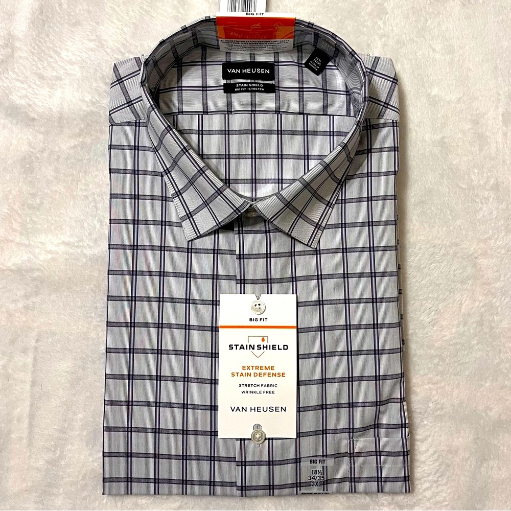 ‘Big Fit’ Van Heusen Men's Gray and Lavander Plaid Dress Shirt